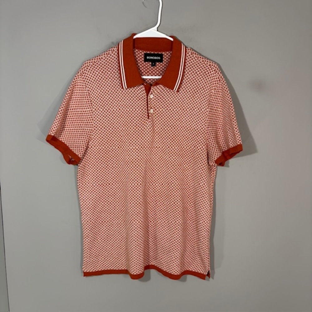 Bonobos Polo Shirt Mens M Orange Diamond Knit Cotton Argyle Print Casual Top